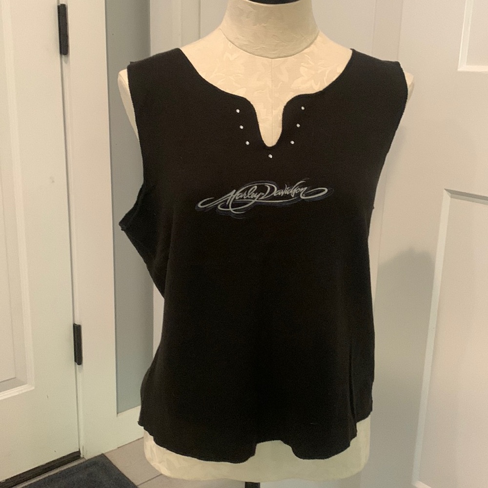 2000s Black Selvedge Edge Harley-Davidson Tank with blue logo on the front.